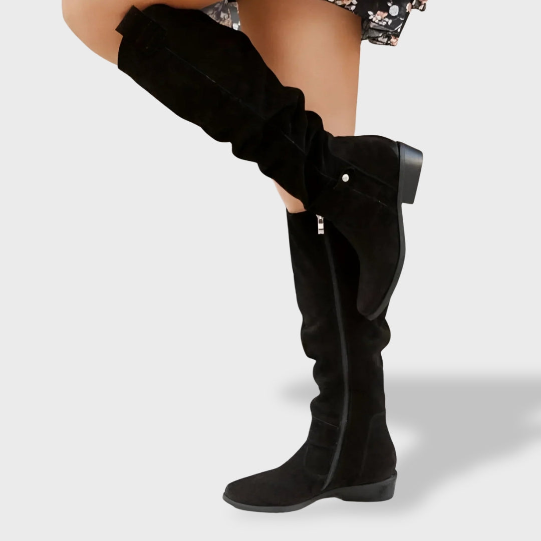 Women's Leather Slouch Knee High Heel Boots - Black