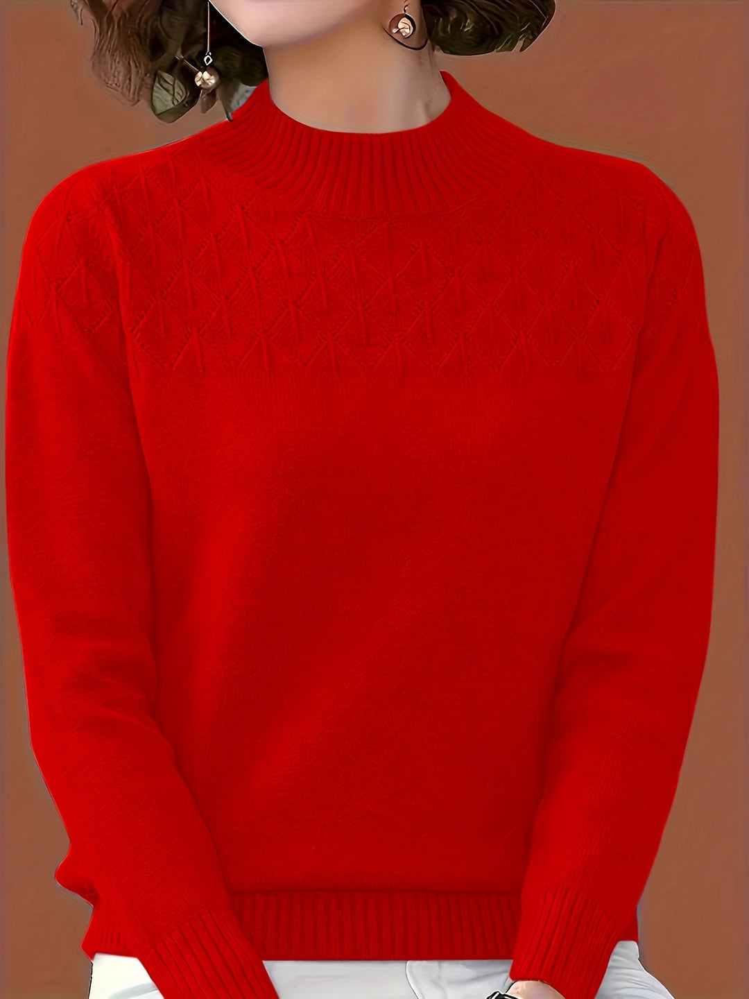Women's Mock Neck Diamond Knit Aran Jumper 2