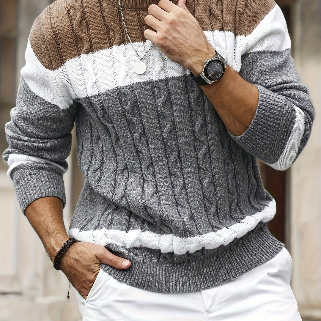 Men's Colour Block Crew Neck Cable Aran Jumper 12
