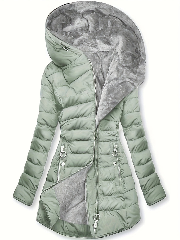 Women's Mid Length Fleece Lined Hooded Quilted Jacket 2