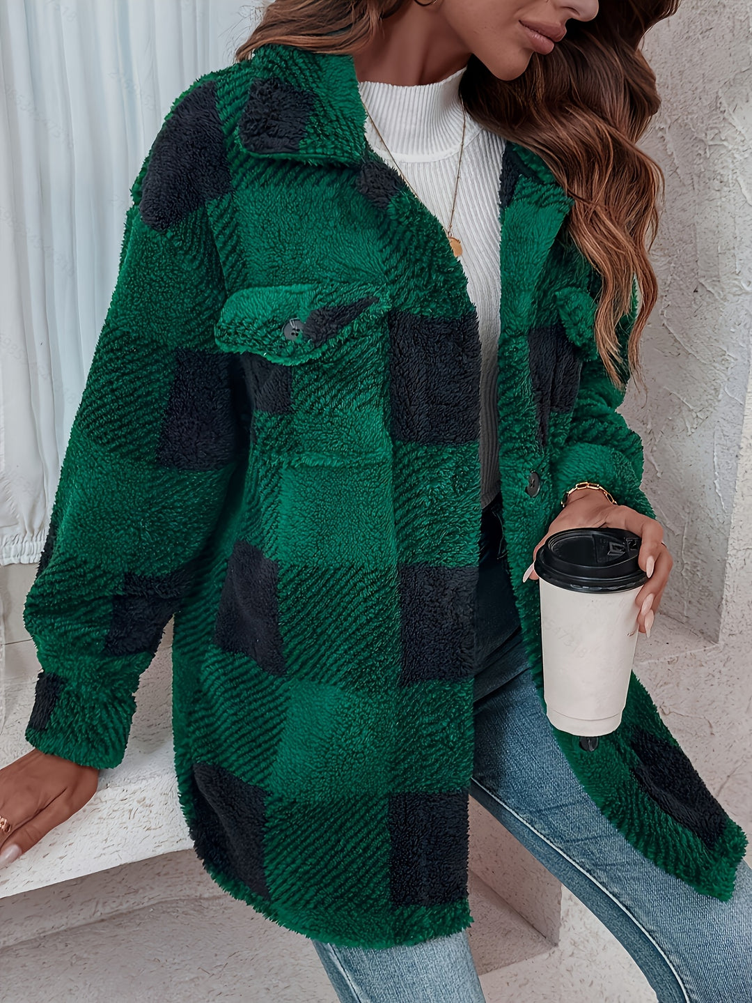 Women's Fluffy Plaid Button Up Fleece Shacket 7