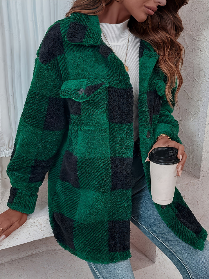 Women's Fluffy Plaid Button Up Fleece Shacket 7