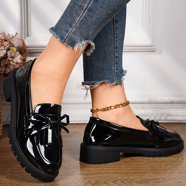 Women's Patent Tassel Bow Chunky Loafers 2