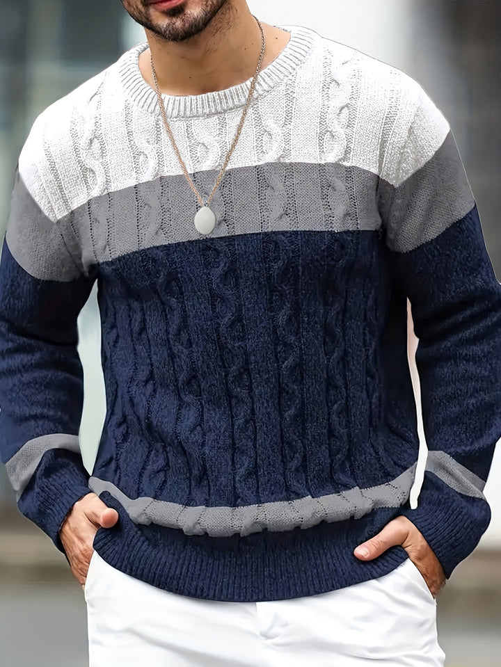Men's Three Tone Colour Block Cable Aran Jumper 5
