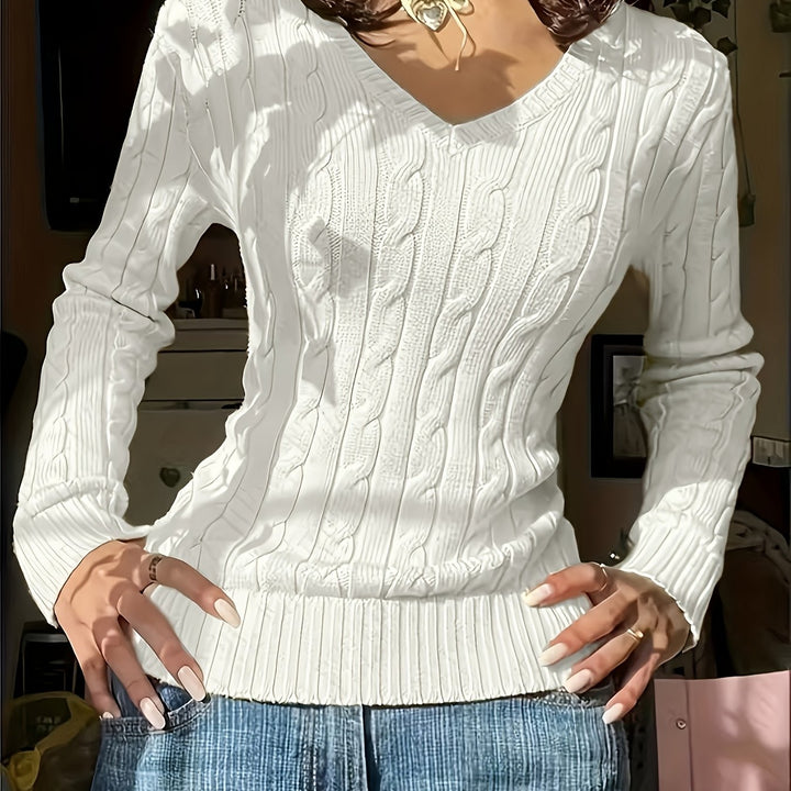 Women's Fitted V Neck Cable Aran Jumper 13