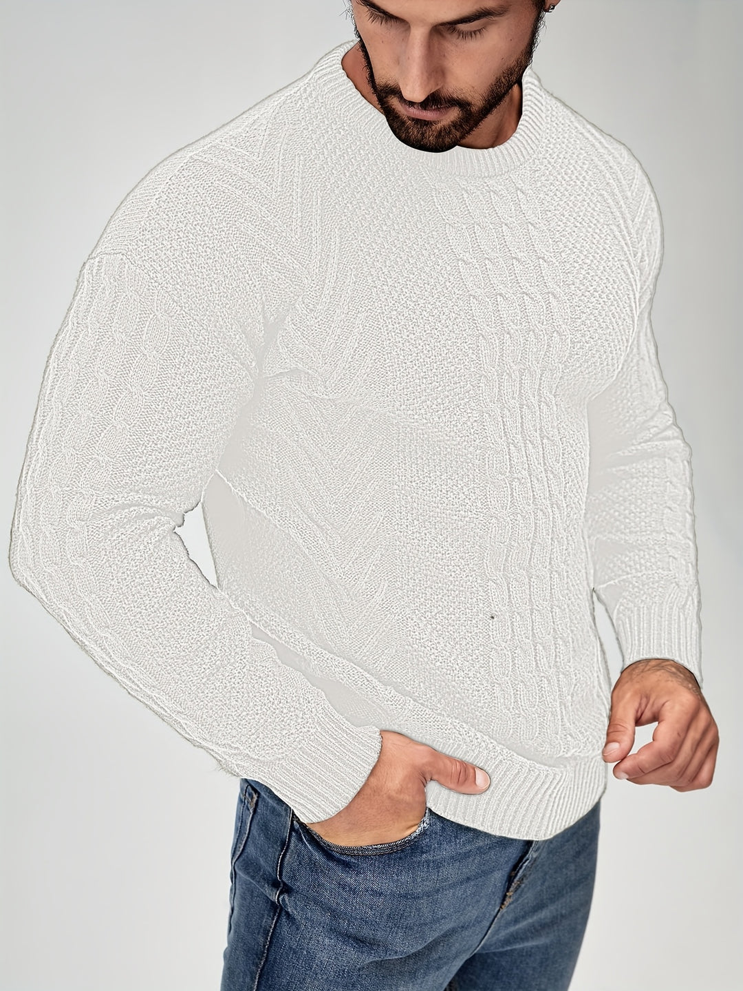 Men's Crew Neck Cable Panel Aran Jumper 5