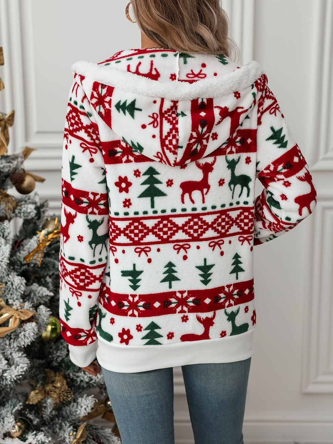 Women's Hooded Zip Up Christmas Cardigan - Red and Green