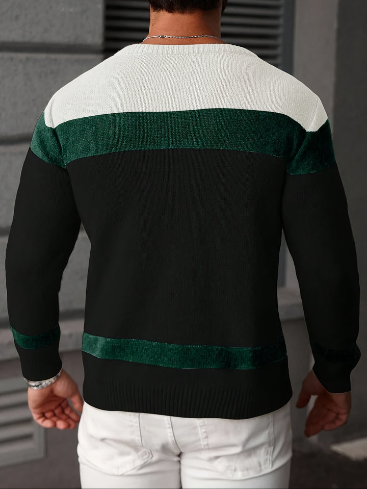 Men's Colour Block Crew Neck Cable Aran Jumper 9