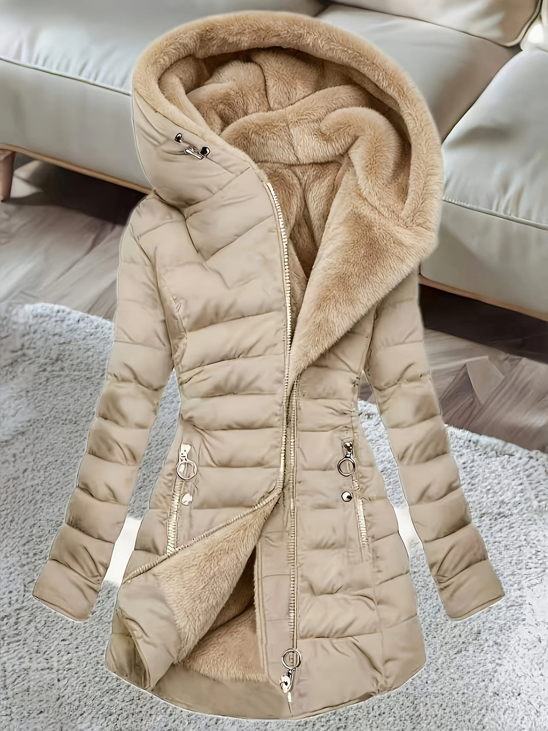 Women's Mid Length Fleece Lined Hooded Quilted Jacket 1