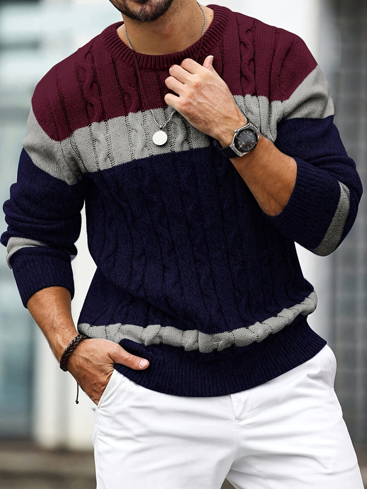 Men's Colour Block Cable Knit Aran Jumper 8
