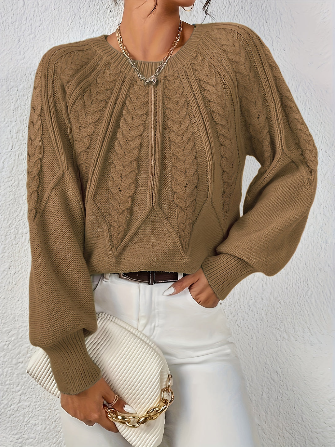 Women's Balloon Sleeve Cable Knit Aran Jumper 10