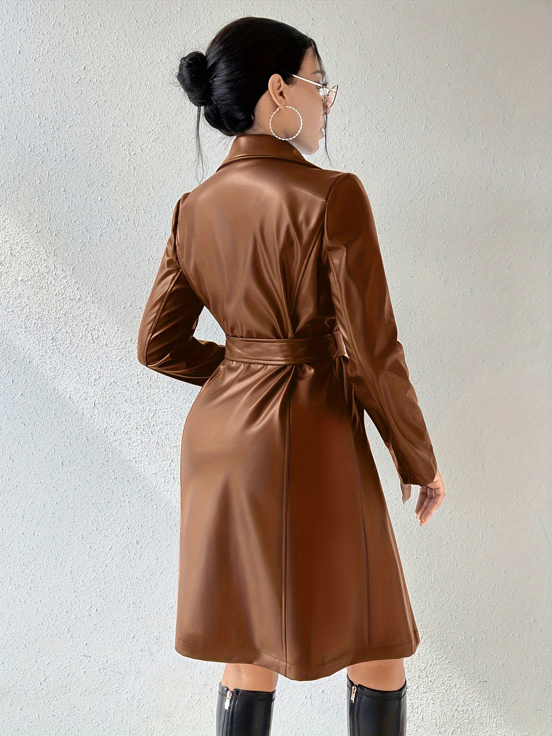 Women's Belted Lapel Collar Leather Look Trench Coat 8