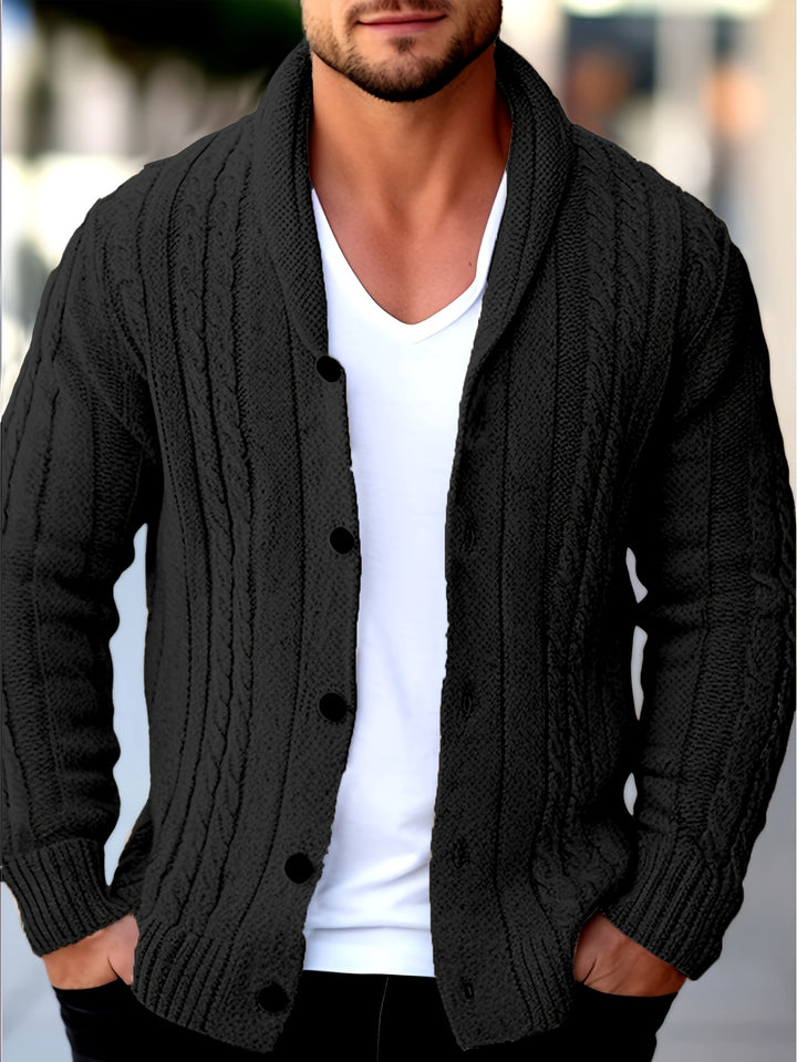 Men's Shawl Collar Button Up Cable Aran Cardigan 2