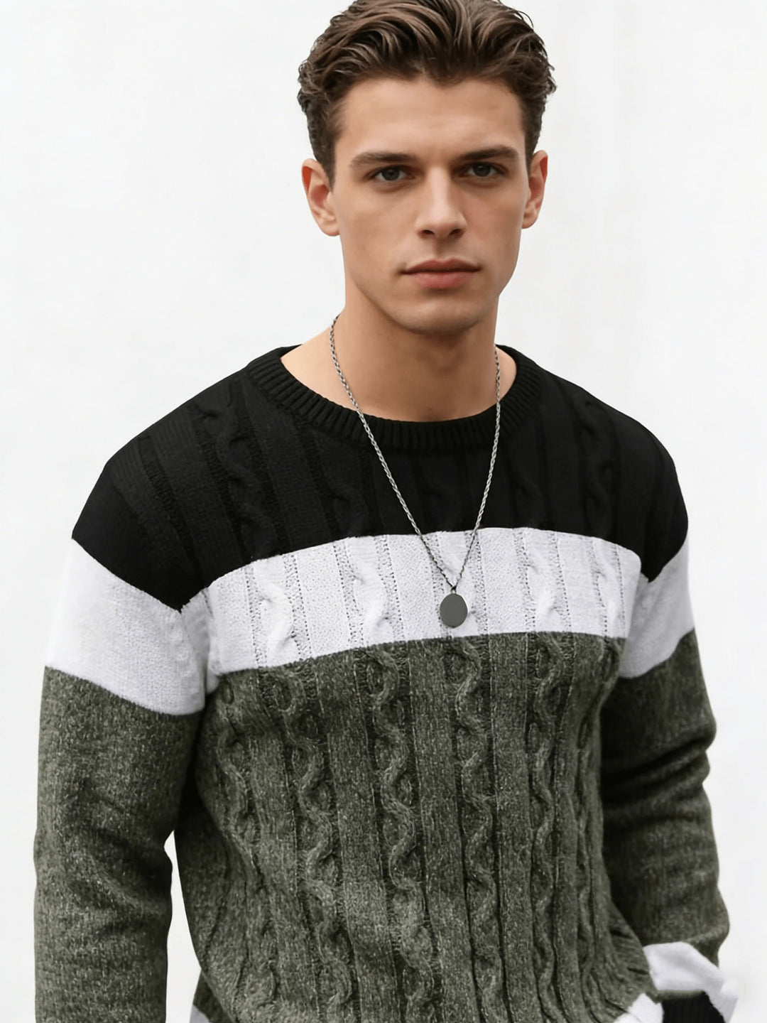 Men's Colour Block Crew Neck Cable Aran Jumper 6