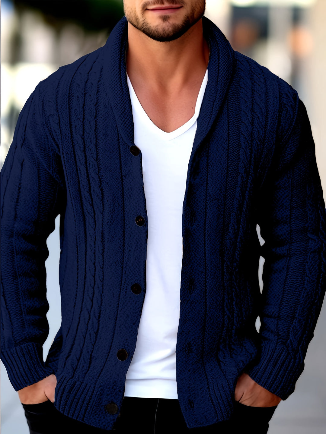 Men's Shawl Collar Button Up Cable Aran Cardigan 4