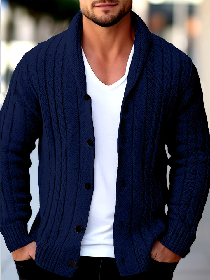 Men's Shawl Collar Button Up Cable Aran Cardigan 4