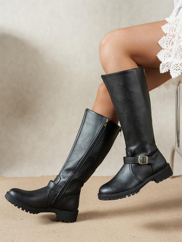 Women's Flat Buckle Strap Knee High Boots