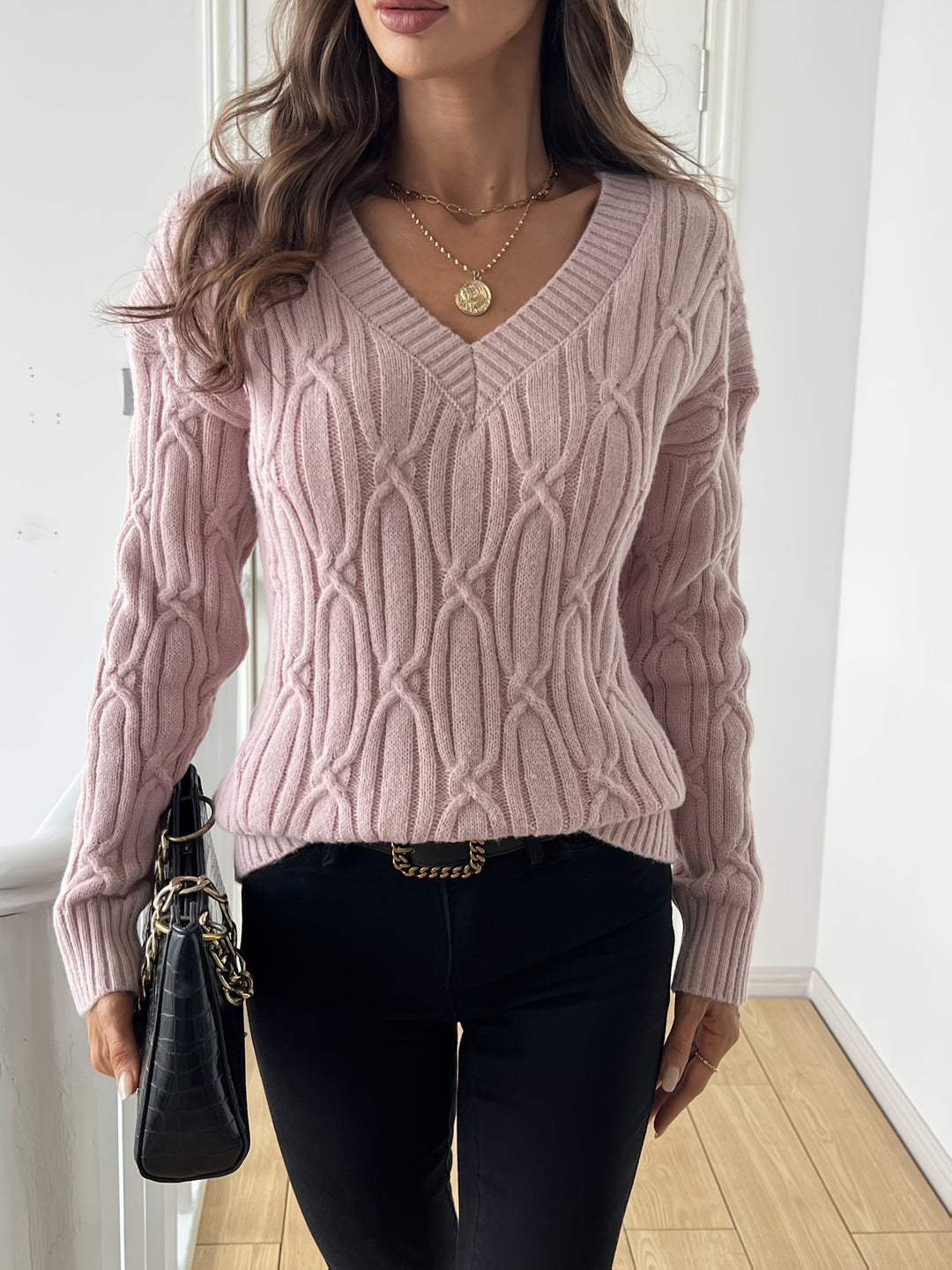 Women's Oversized V Neck Cable Aran Jumper 6