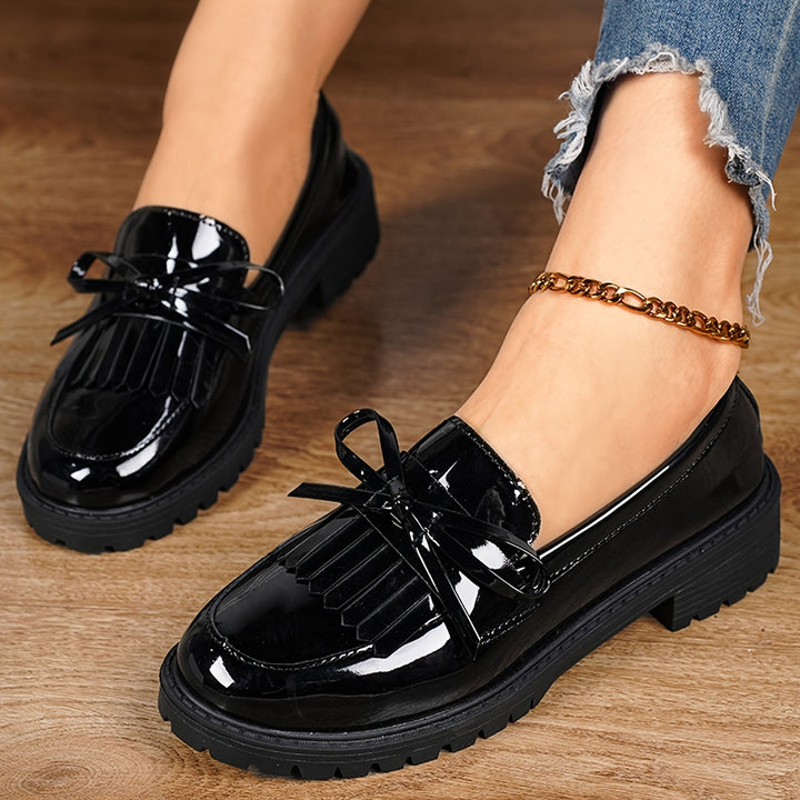 Women's Patent Tassel Bow Chunky Loafers 7