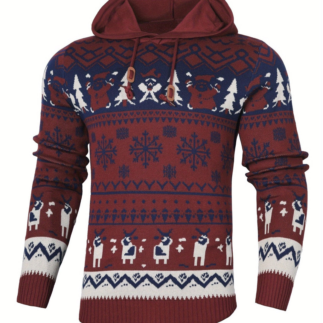 Men's Reindeer Knitted Christmas Hoodie - Burgundy and Navy
