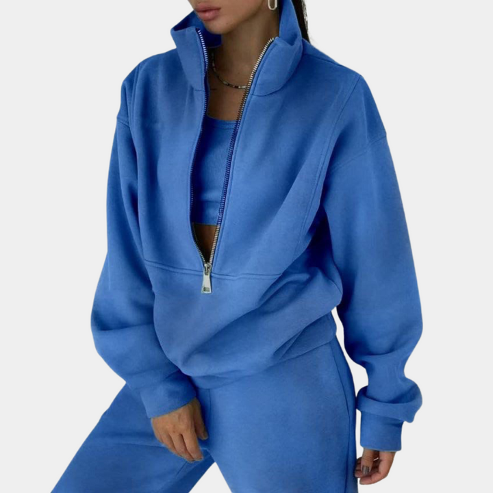 Women's Cropped Half Zip Fleece Tracksuit Set 2