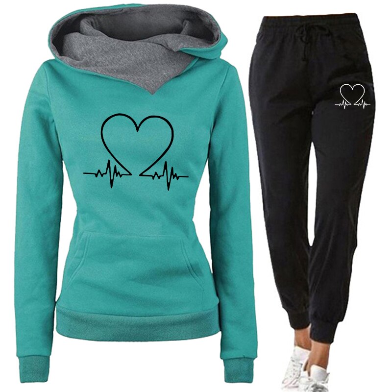 Women's Heartbeat Print Hoodie Tracksuit Set 3