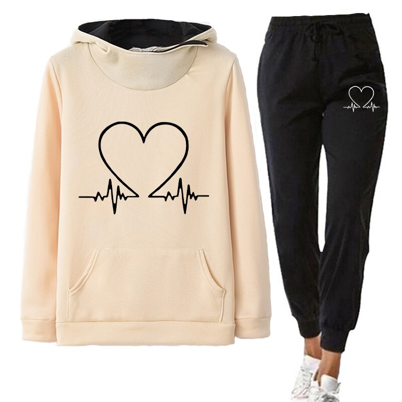 Women's Heartbeat Print Hoodie Tracksuit Set 2