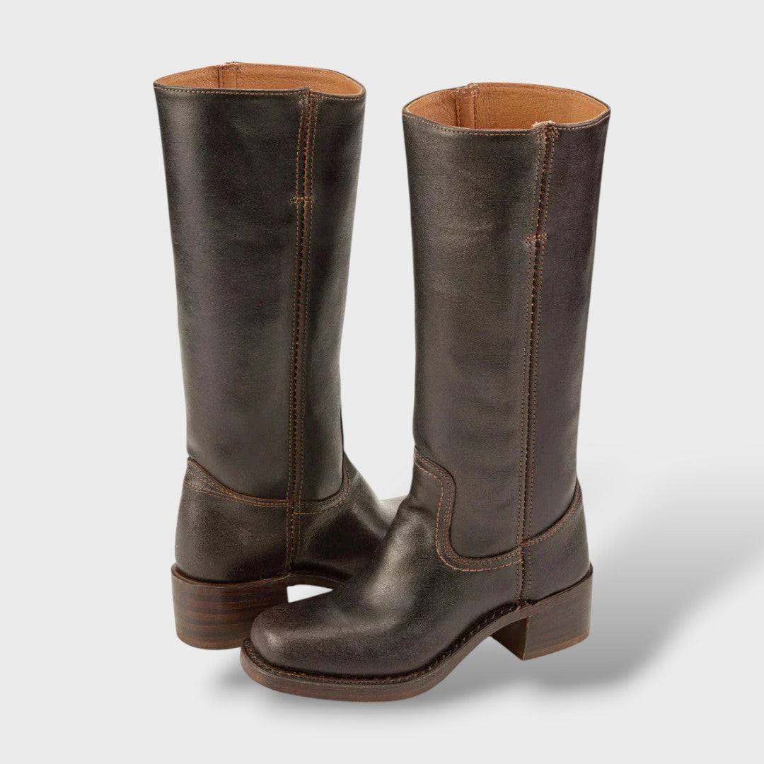 Women's Structured Sole Knee High Heel Boots - Brown