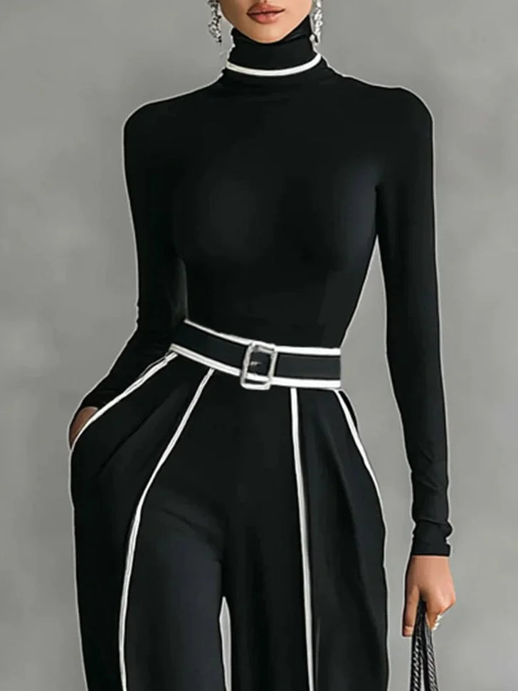 Women's Contrast Piping High Neck Top Wide Leg Co Ord 2