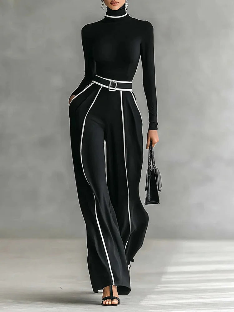 Women's Contrast Piping High Neck Top Wide Leg Co Ord 1