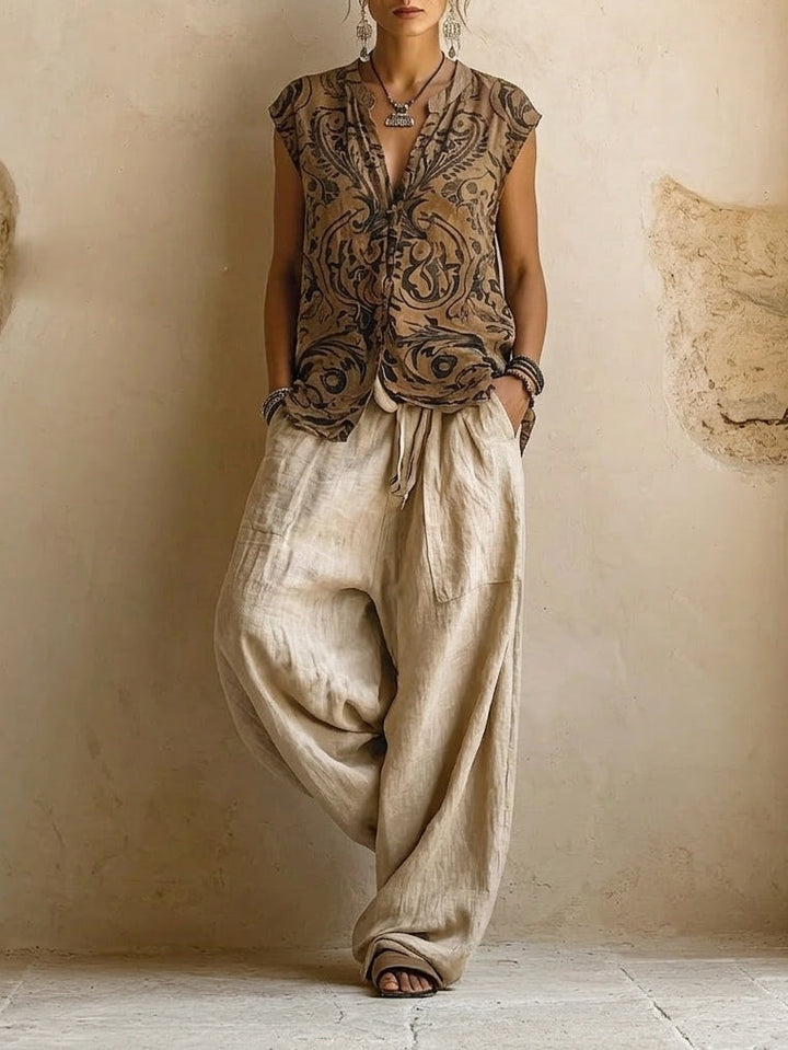 Gobnait | Printed Three-Piece Set with Wide-Leg Trousers