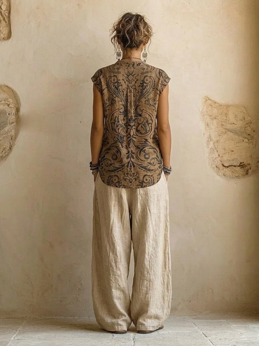 Gobnait | Printed Three-Piece Set with Wide-Leg Trousers