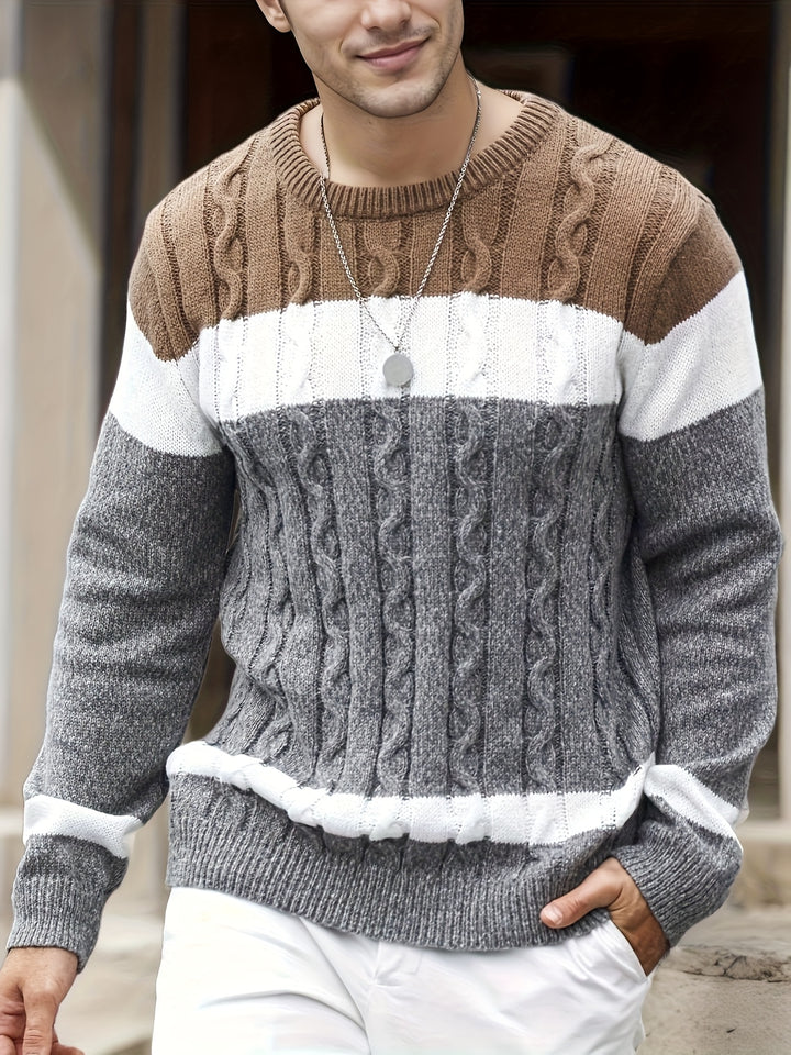 Men's Colour Block Crew Neck Cable Aran Jumper 8