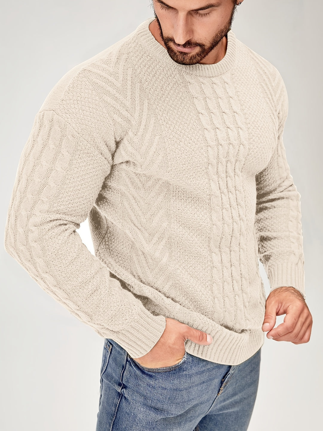 Men's Crew Neck Cable Panel Aran Jumper 6