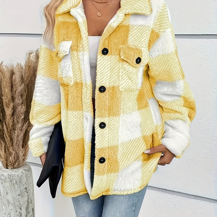 Women's Fluffy Plaid Button Up Fleece Shacket 14