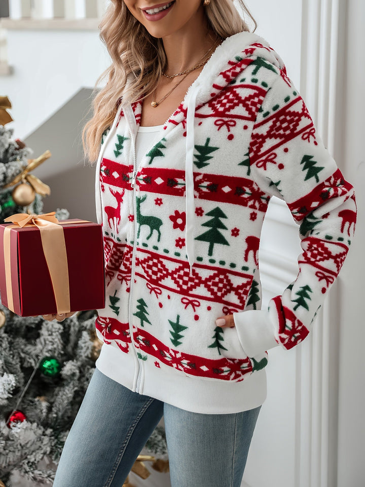 Women's Hooded Zip Up Christmas Cardigan - Red and Green