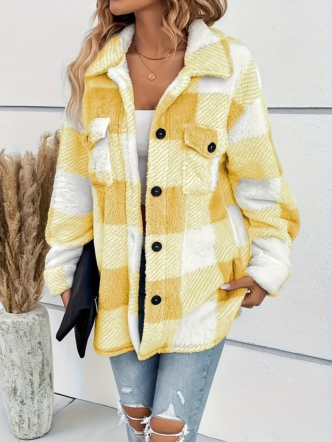 Women's Fluffy Plaid Button Up Fleece Shacket 2