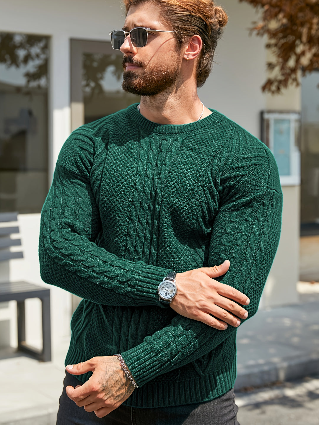 Men's Crew Neck Cable Panel Aran Jumper 8