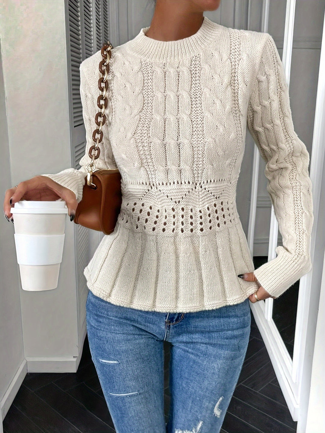 Women's Cable Knit Peplum Aran Jumper 2