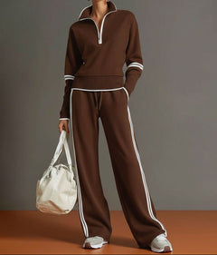 Siobhan | Women's Half Zip Stripe Trim Wide Leg Tracksuit Set