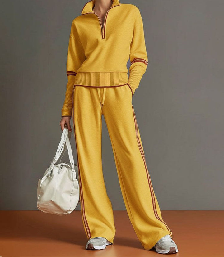 Women's Half Zip Stripe Trim Wide Leg Tracksuit Set 2