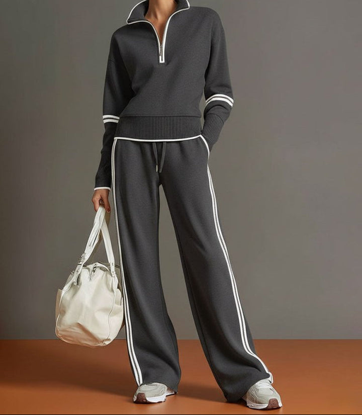 Women's Half Zip Stripe Trim Wide Leg Tracksuit Set 5