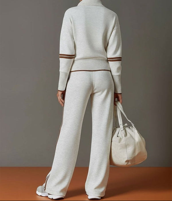 Women's Half Zip Stripe Trim Wide Leg Tracksuit Set 6