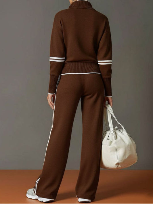 Women's Half Zip Stripe Trim Wide Leg Tracksuit Set 7