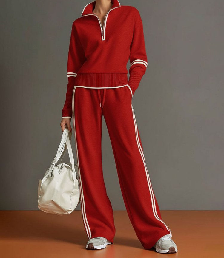 Women's Half Zip Stripe Trim Wide Leg Tracksuit Set 3