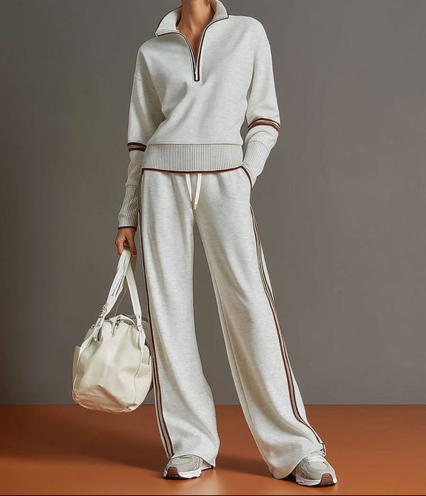 Women's Half Zip Stripe Trim Wide Leg Tracksuit Set 4