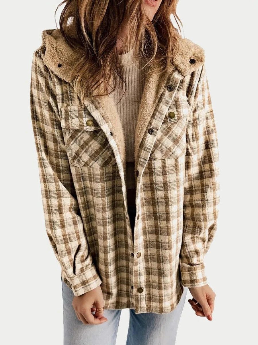 Women's Oversized Hooded Sherpa Lined Plaid Shacket 1