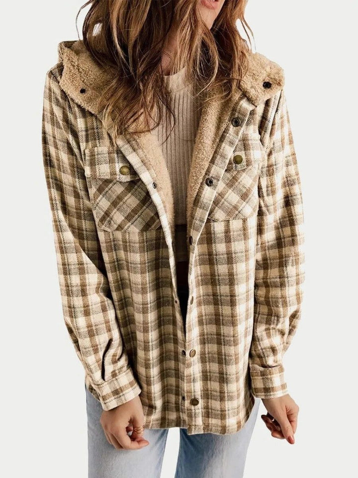 Women's Oversized Hooded Sherpa Lined Plaid Shacket 1