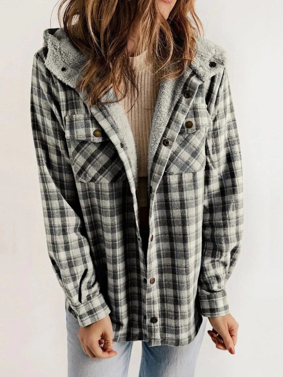 Women's Oversized Hooded Sherpa Lined Plaid Shacket 2