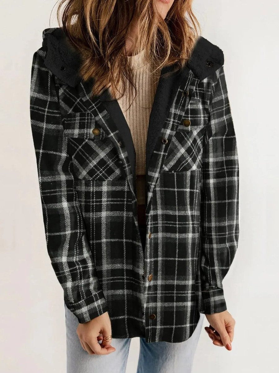 Women's Oversized Hooded Sherpa Lined Plaid Shacket 3